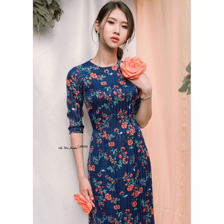 Áo dài voan tơ màu xanh hoa nhí cam đỏ 4 tà (áo dài 2 lớp) - Cỡ S M L XL 2XL - áo dài truyền thống Việt Nam