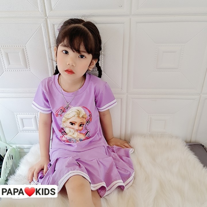 [Chính hãng PapaKids size 8-40kg] Đồ bộ elsa cho bé gái (set áo chân váy kèm chíp đùi) cotton 4c mịn mát