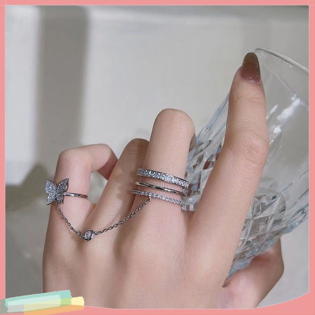 Bộ Nhẫn Hợp Kim Hở Hai Lớp Trang Trí Hình Bướm Đính Đá Xinh Xắn Cho Nữ