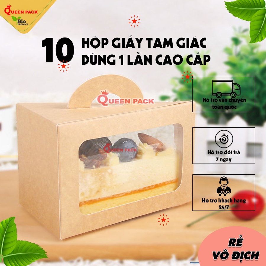 SET 10 hộp đựng bánh bằng giấy kraft hình tam giác có kính trong quai xách tiện lợi| Queen pack
