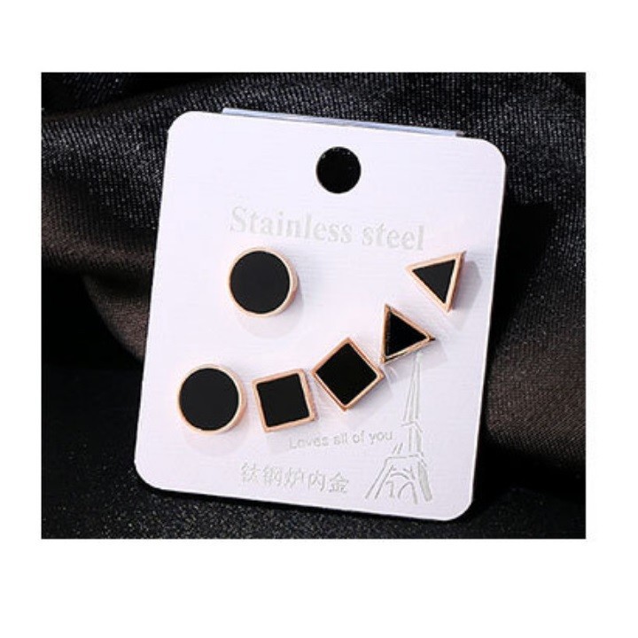 Bộ 3 Đôi Bông Tai Tròn Vuông Tam Giác Titan Ko Rỉ TT 1979