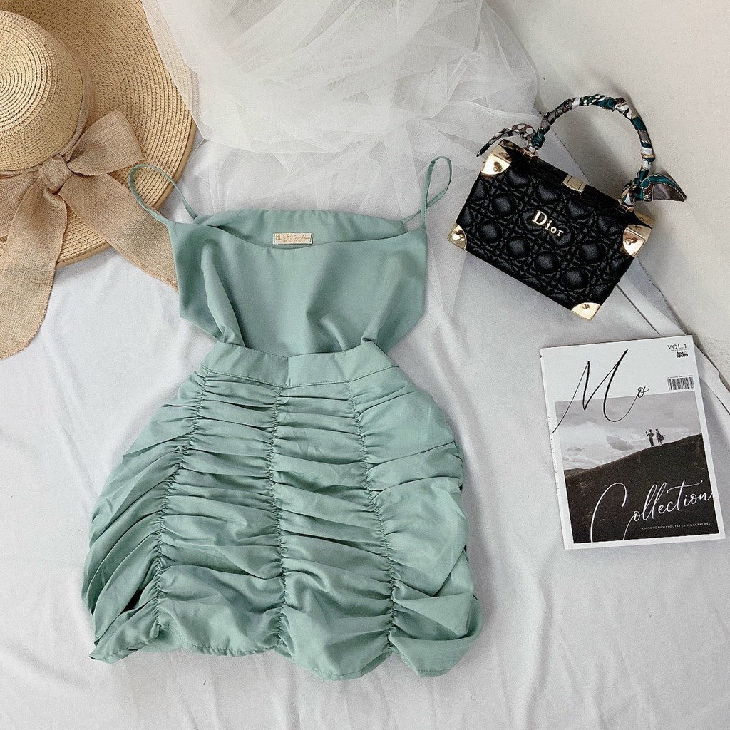Sét áo 2 dây croptop phối chân váy nhúm cực xinh , chất kate nhật mềm mịn mát