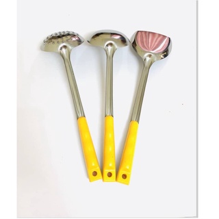 Bộ Muôi Inox, muôi múc canh, muôi thủng, xẻng xào Cao Cấp Cán Vàng chất lượng 5 sao