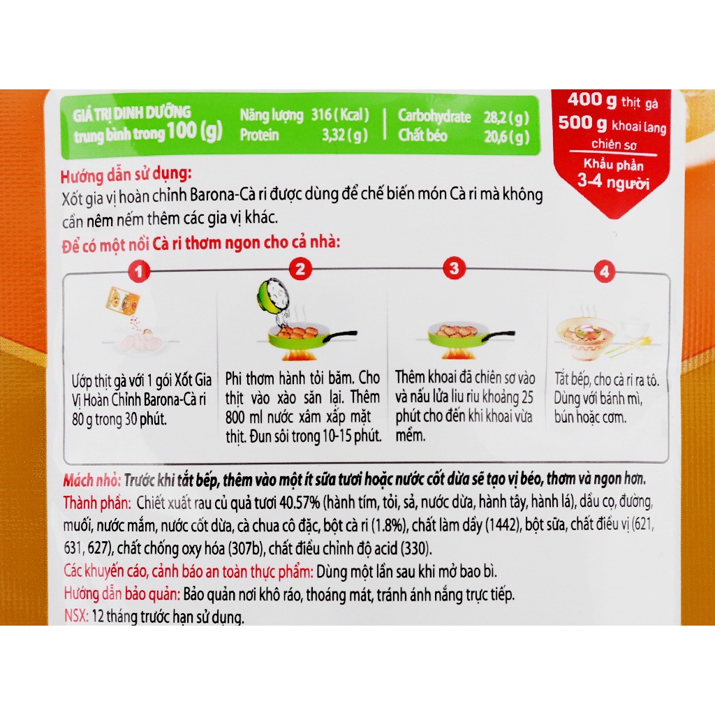 Cà ri- Xốt Gia Vị Hoàn Chỉnh Barona Gói 80g