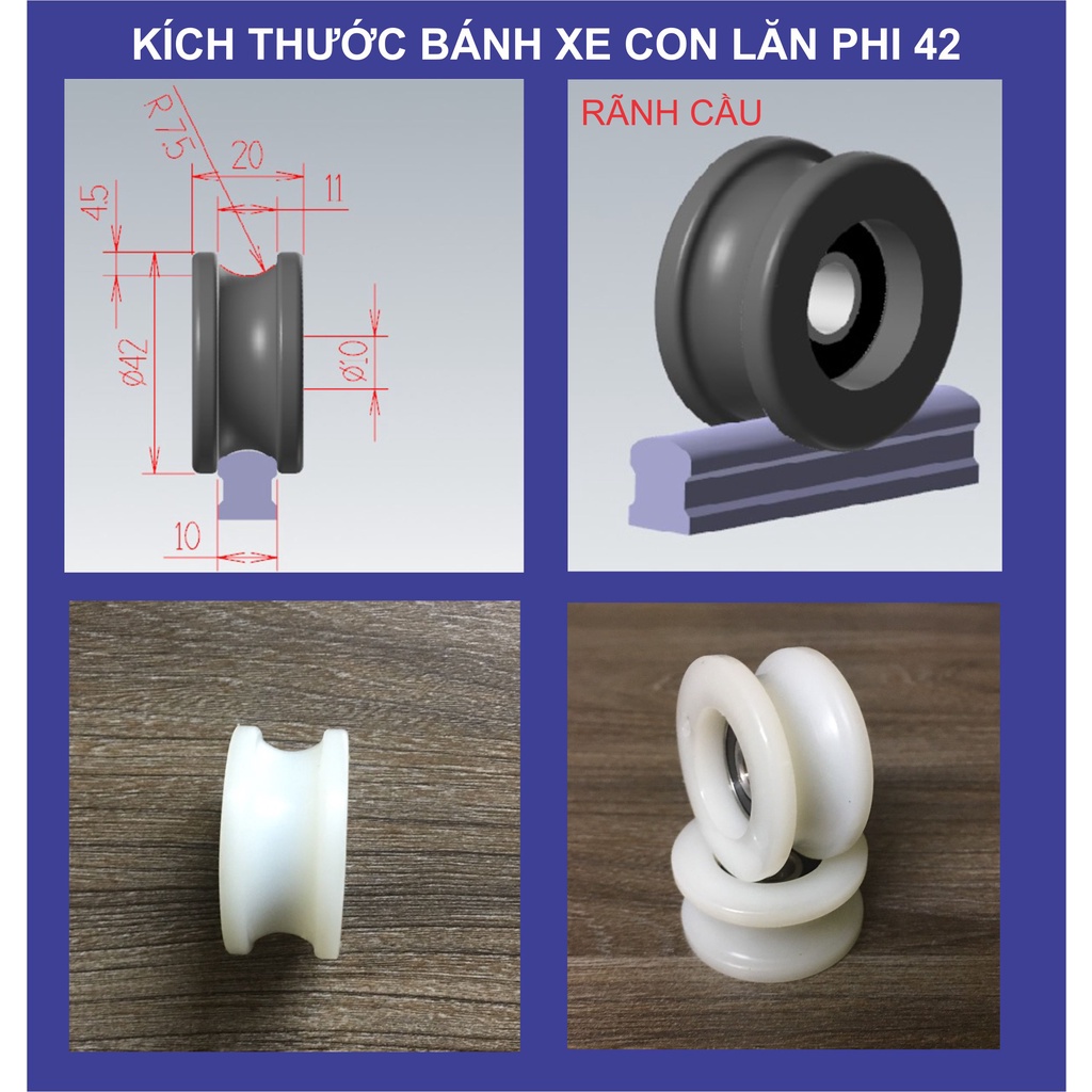 Bánh xe cửa lùa phi 42mm chịu lực, chịu tải dùng cho cửa lùa nhôm, cửa lùa sắt, cửa kính Rãnh H, Rãnh U, Rãnh V