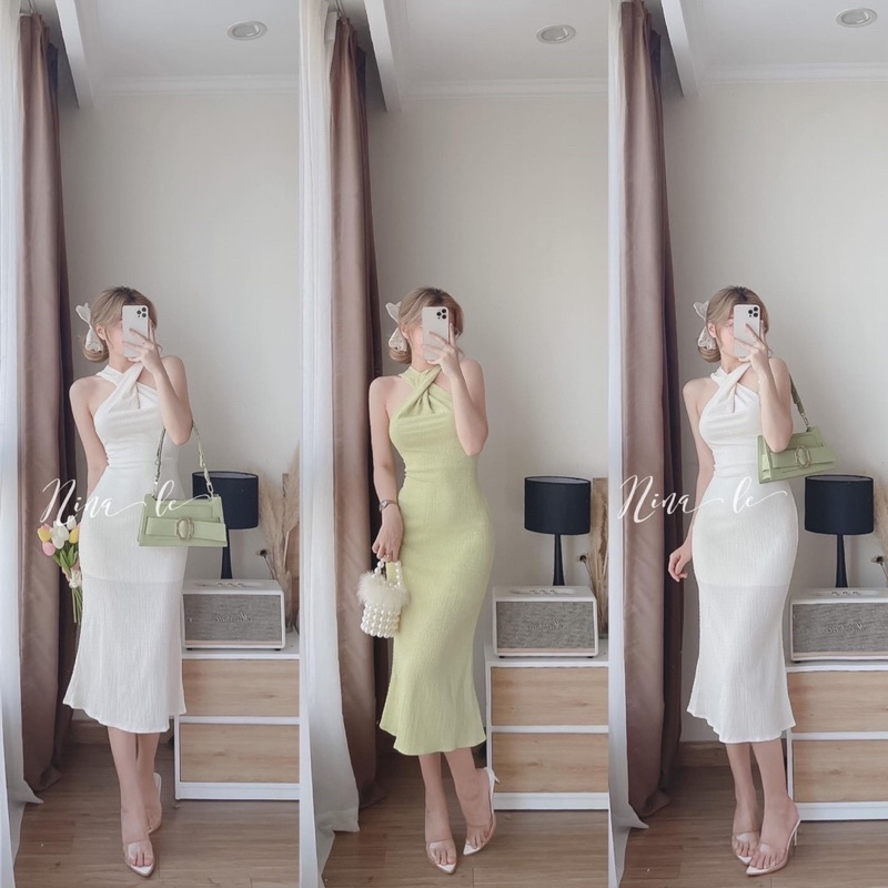 Đầm body cổ yếm chéo to không tay vải xốp nhún dáng dài qua gối 3 màu