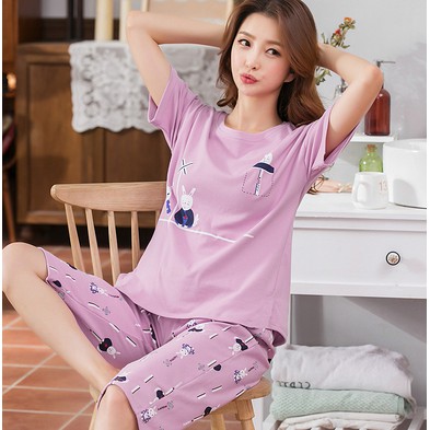 Bộ Đồ Mặc ở nhà Quần Lửng Áo cộc tay Cotton nữ phong cách Hàn Quốc