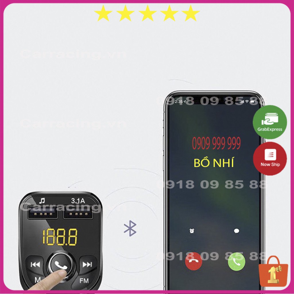 Tẩu Sạc Ô Tô CARRACING Cốc sạc xe hơi Bluetooth 5.0 Tốc Độ Nhanh 3.0 Cho Xe Hơi có nút MENU VÀ FM | BigBuy360 - bigbuy360.vn