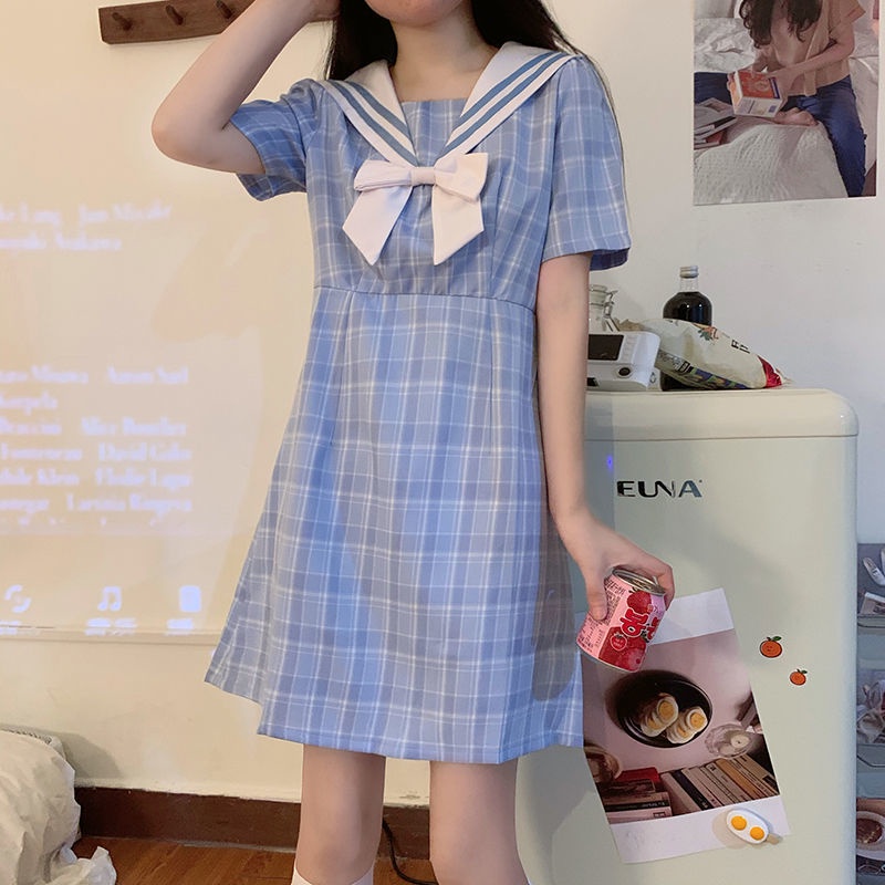 Đầm Giả Hai Mảnh Cổ Thủy Thủ Dáng Ôm Họa Tiết Kẻ Sọc Thiết Kế Mới Ngọt Ngào Cho Nữ