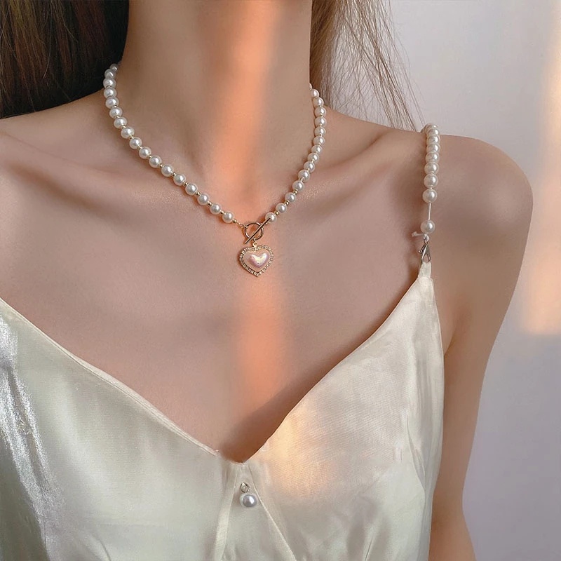 Dây Chuyền / Vòng Cổ Choker Mặt Trái Tim Pha Lê Ngọc Trai Nhân Tạo Lãng Mạn Sang Trọng Nhẹ Nhàng