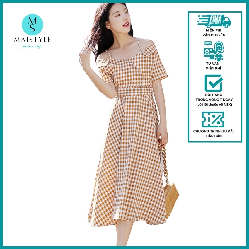 Đầm caro MAISTYLE Váy caro 2 dây tiểu thư trễ vai xinh đầm hai dây bánh bèo dáng dài đẹp xòe đi chơi tết dễ thương | BigBuy360 - bigbuy360.vn