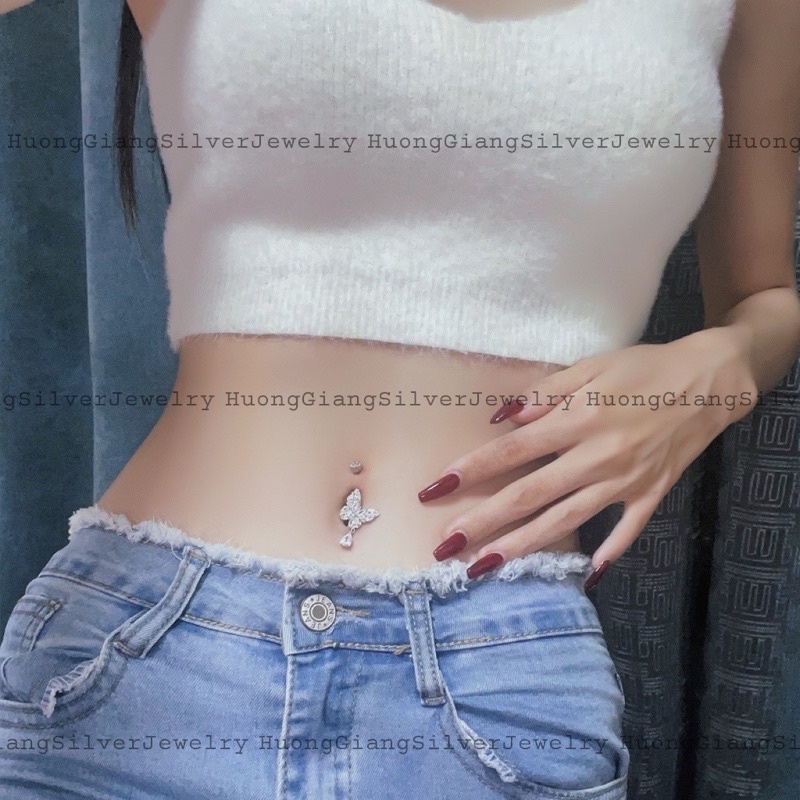 Khuyên Rốn Hình Bướm Bạc s925 Xi Kim -HuongGiangSilver