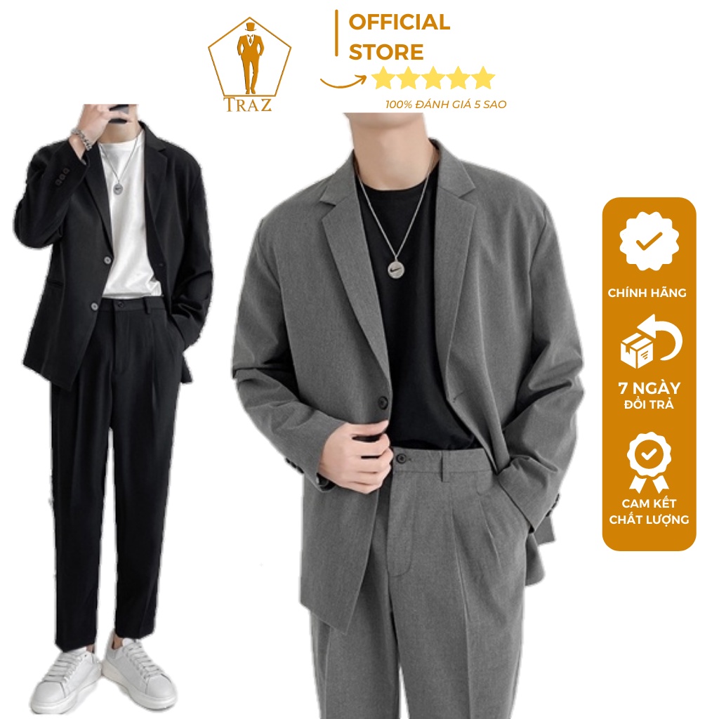 Áo Blazer Nam TRAZ Form Rộng Tay Dài, Lỡ Dáng Unisex Màu Đen Xám Phong Cách Hàn Quốc