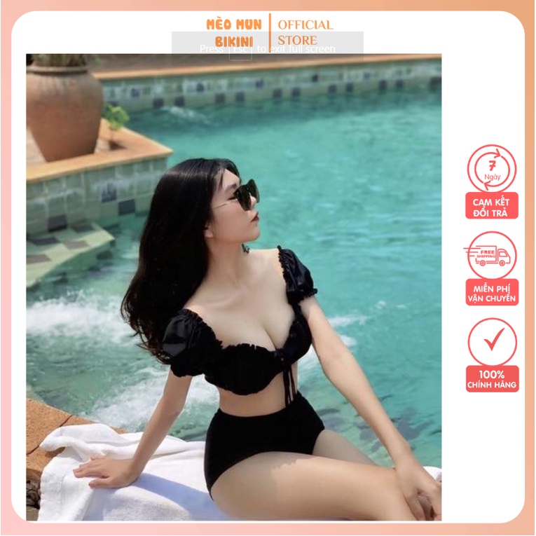 Set Bikini 2 mảnh, bộ đồ bơi đi biển áo tay bèo phối quần cạp cao che bụng hot trend 2 màu trắng đen [B1]