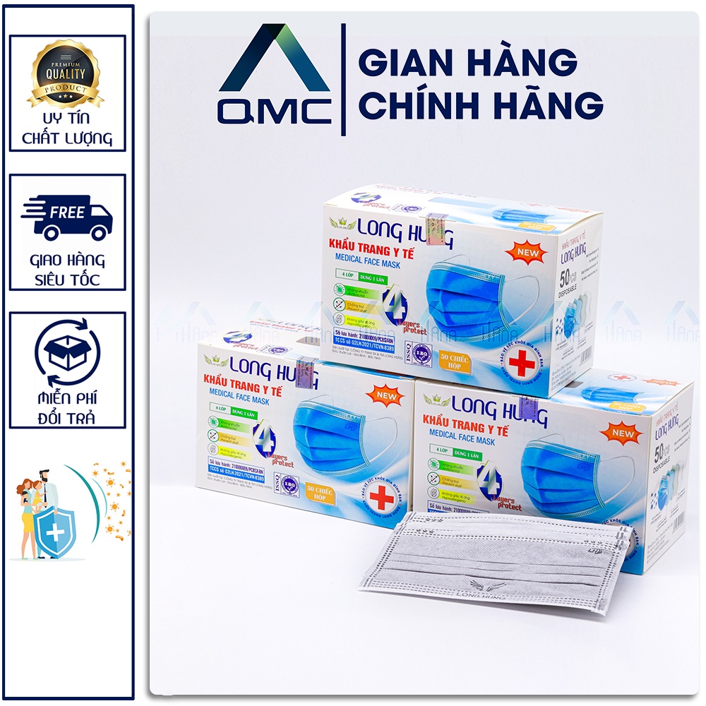 Khẩu trang y tế,Khẩu trang Long Hưng 4 lớp, màu xám, hàng chính hãng, hộp 50c &lt; GIÁ SỐC&gt; #QMC