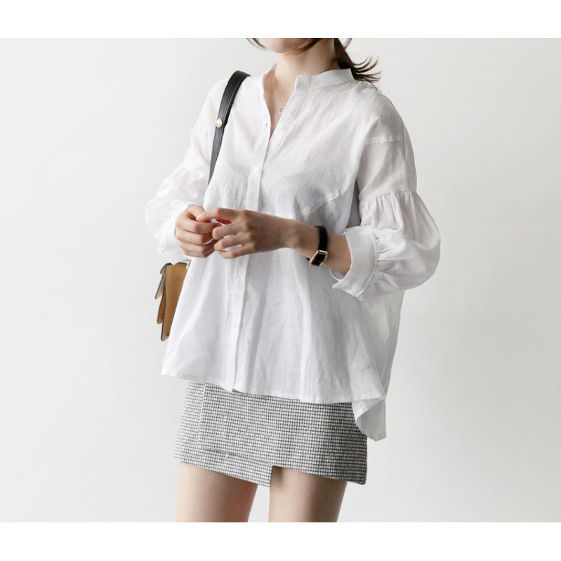 Áo sơ mi kẻ tăm xanh trắng, tay lỡ, cổ tàu