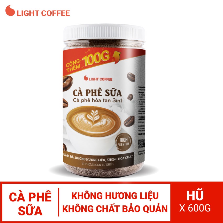 Cà phê sữa hòa tan 3in1 Light Coffee không hương liệu, vị cà phê đậm đà - Hủ 600gr