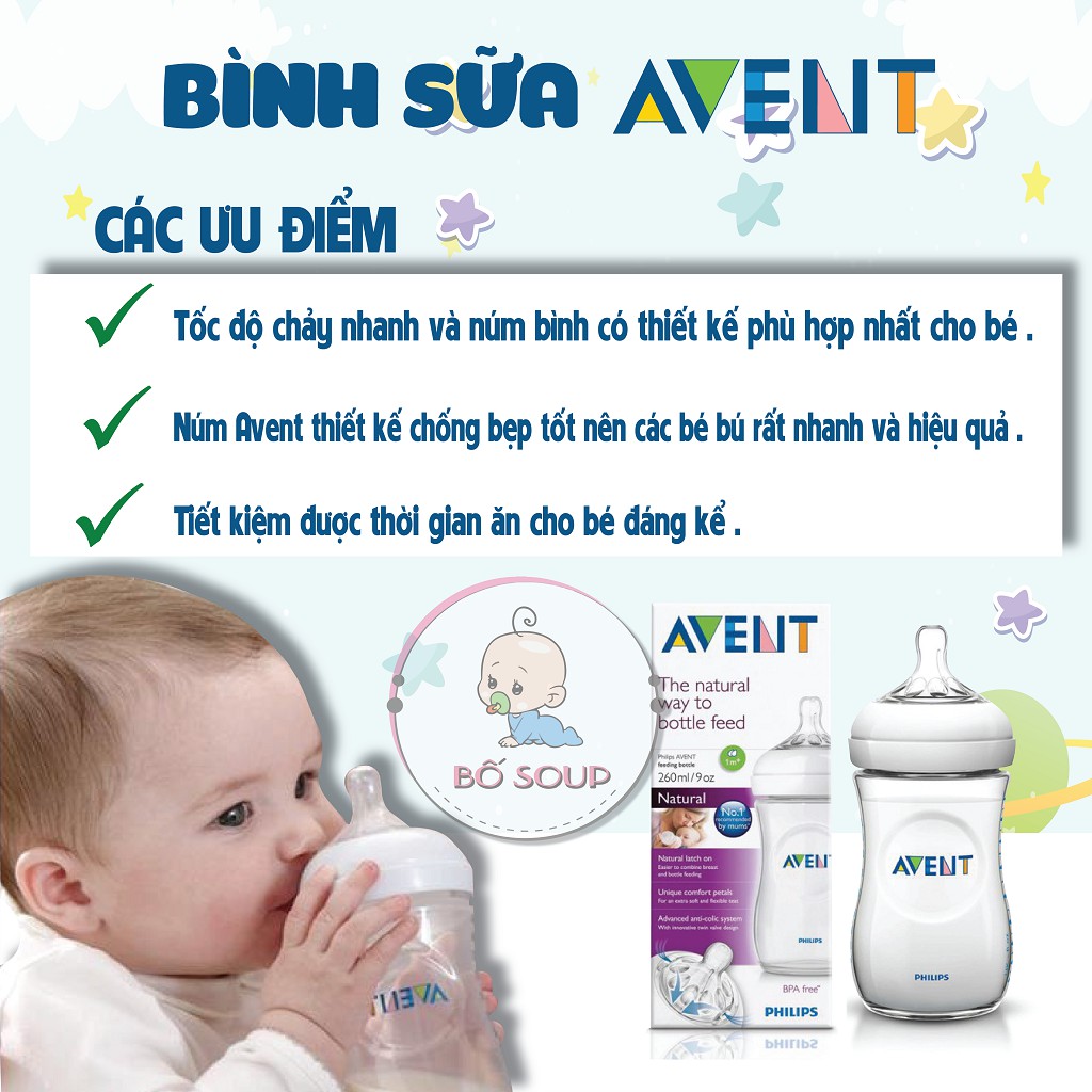 Bình sữa Avent Natural 125ml 260ml 330ml chính hãng cho bé, được đổi size núm phù hợp Shop Bố Soup