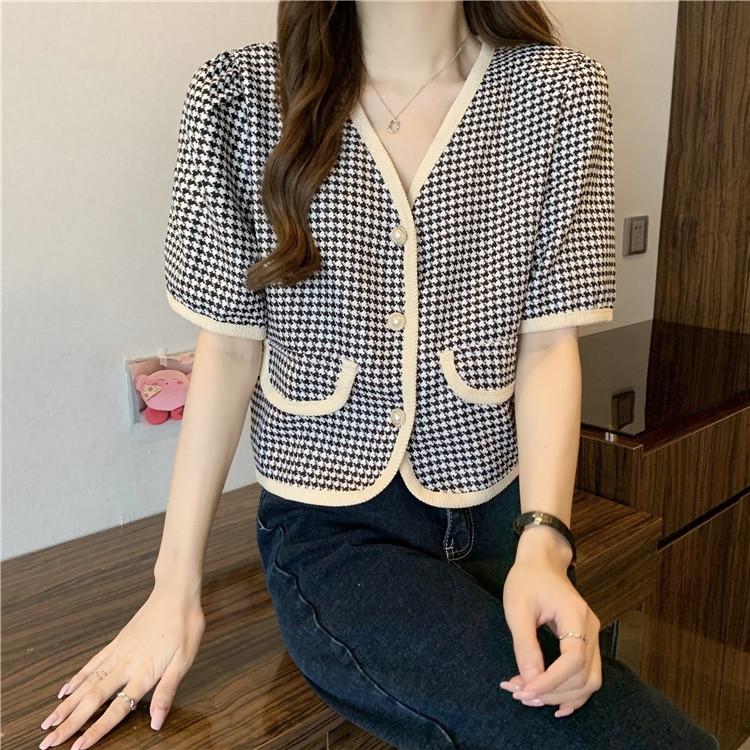 Áo Dệt Kim Nữ Màu Hồng, Ghi Cổ V Tay Ngắn Dáng Rộng Có Túi Nắp Họa Tiết ZicZac Caro Thời Trang Phong Cách Hàn Quốc