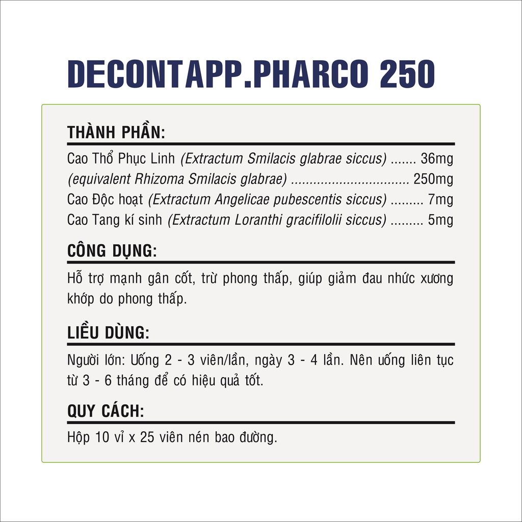 Viên uống hỗ trợ giảm đau nhức xương khớp, phong thấp, đau khớp gối, DECONTAPP.PHARCO 250, hộp 10 vỉ x 25 viên