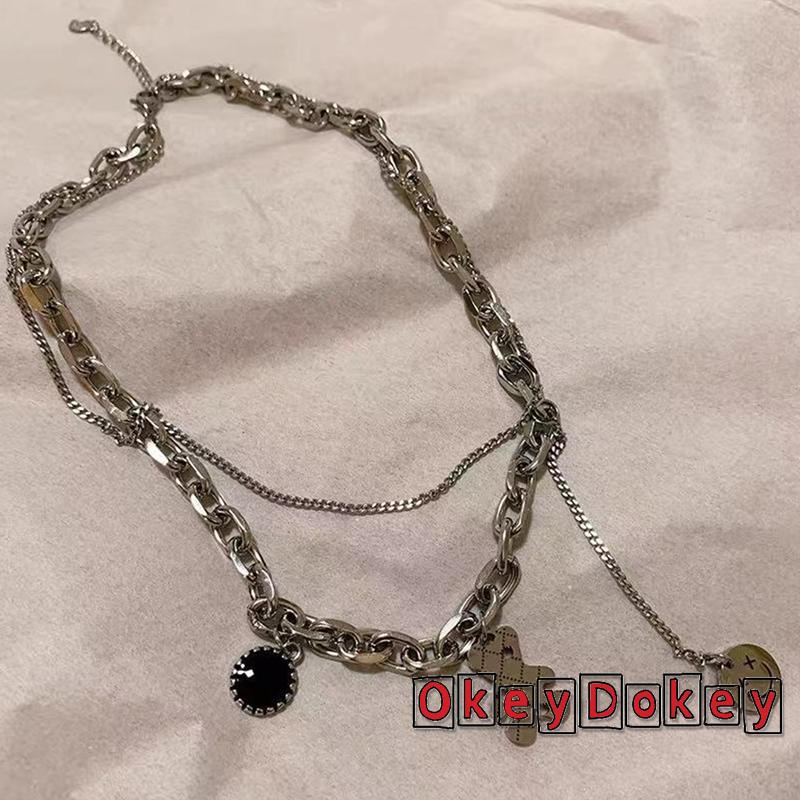 Dây chuyền dáng ngắn hai lớp mặt hình gấu hoạt hình và mặt cười phong cách đơn giản thời trang dành cho nữ