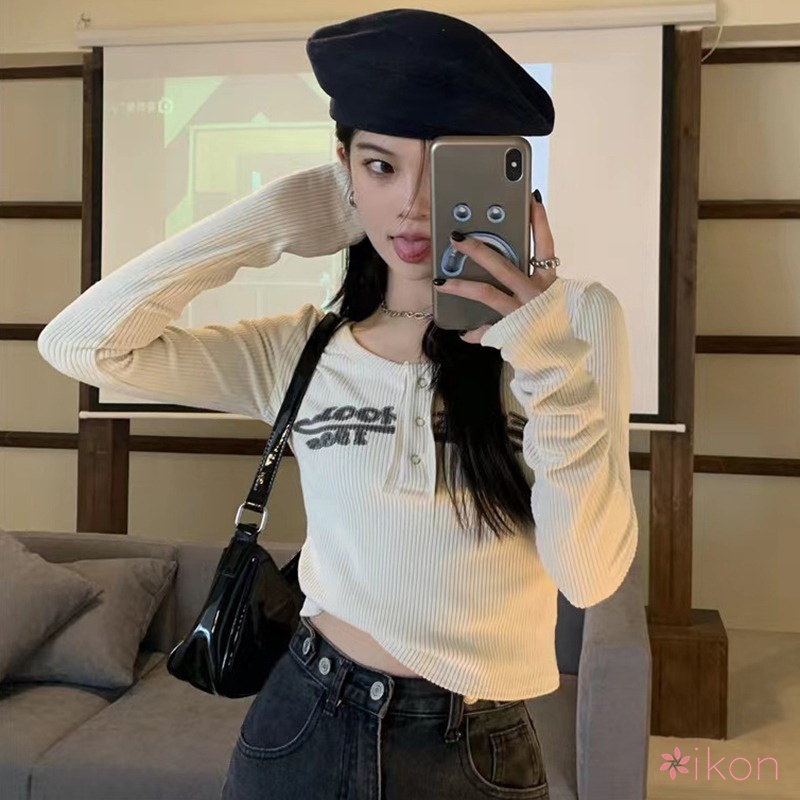 Áo Croptop Tay Dài Hoạ Tiết Chữ In Thiết Kế Đơn Giản Cho Phái Nữ