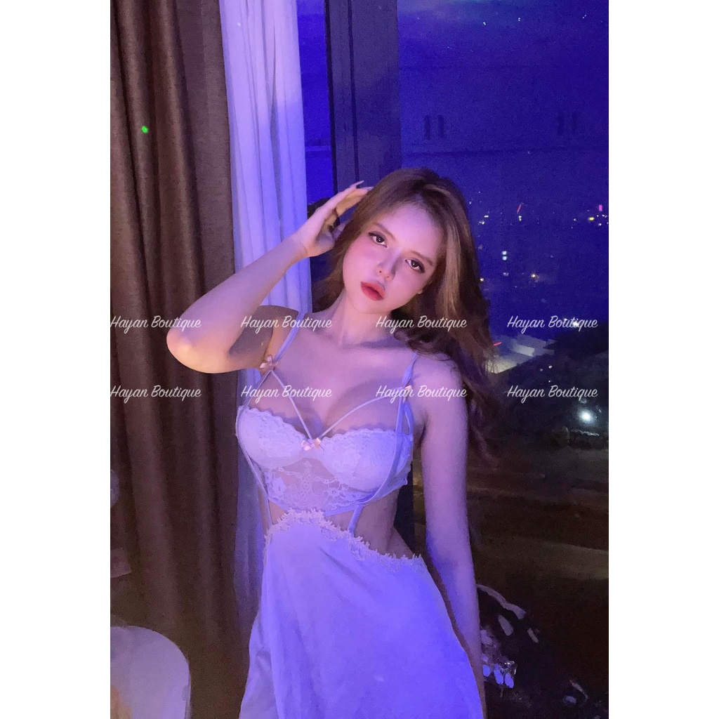 HT75 Váy ngủ sexy phối ren hoa nổi kèm ĐỆM LÓT, đầm ngủ lụa triết eo gợi cảm HT75