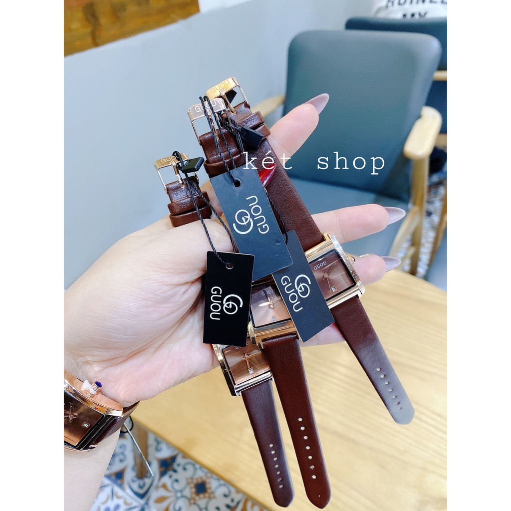 Đồng hồ nữ dây da cao cấp g.u.o.u màu nâu tây sáng tay , da mềm bền | BigBuy360 - bigbuy360.vn