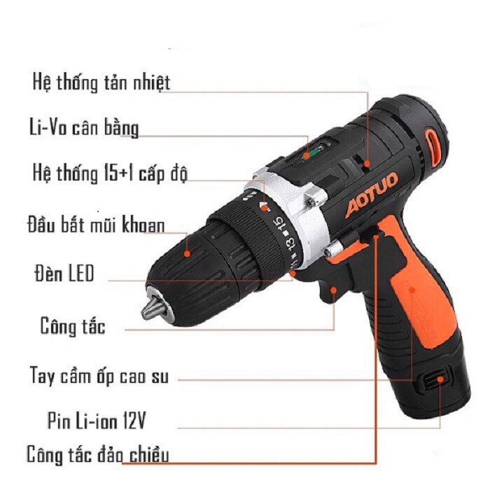 Bộ Máy khoan vặn vít không dây Aotuo 12V có đảo chiều
