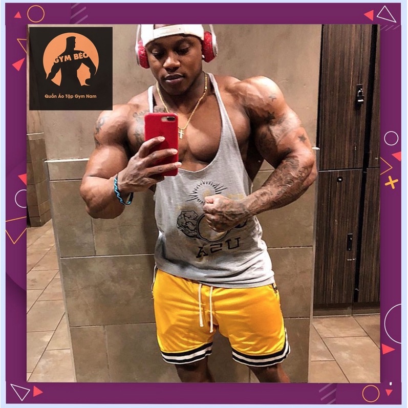 Quần đùi tập gym nam hai sọc chất liệu thun mè cao cấp, thoáng mát, rộng rãi, có khoá kéo không logo GB1