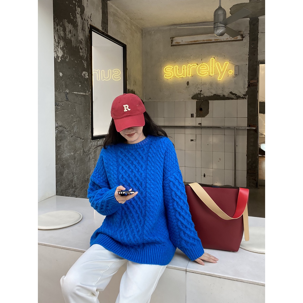 DUNEA Áo Sweater Dệt Kim Dáng Rộng Màu Xanh Dương Phong Cách Hàn Quốc Cho Nữ