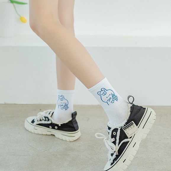 Tất Nữ Cổ Cao, Tất Nam Nữ Cotton Thêu Hình Thú Cute Phong Cách Vintage Hàn Quốc Mẫu T11