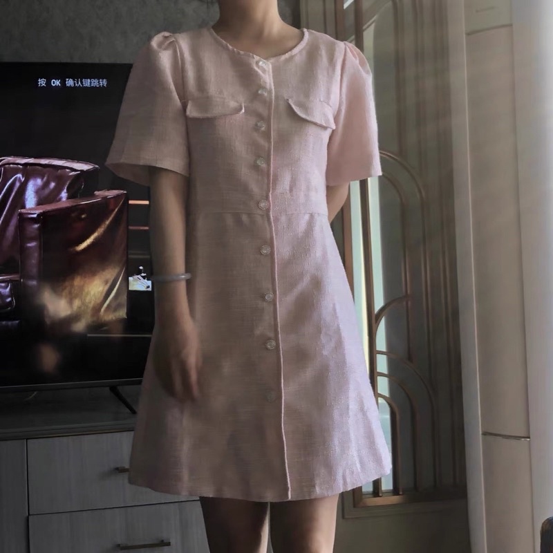 Đầm Dạ Dáng Suông Màu Hồng Tay Ngắn Thu Đông-kèm ảnh thật 3 hình cuối