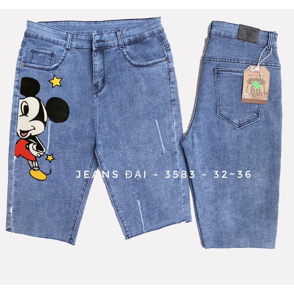 [60kg~90kg] Quần jean ngố / lửng BIG SIZE lưng cao, co dãn mạnh rách kiểu đẹp IN HÌNH chuột mickey 3459 moliruan