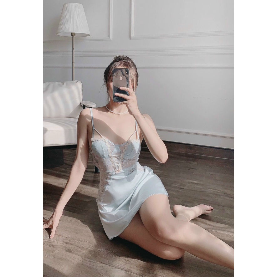 Đầm Ngủ Sexy Phối Ren Hoa Trắng Cúp Ngang Dây Chéo Mã 001 Minhduongct
