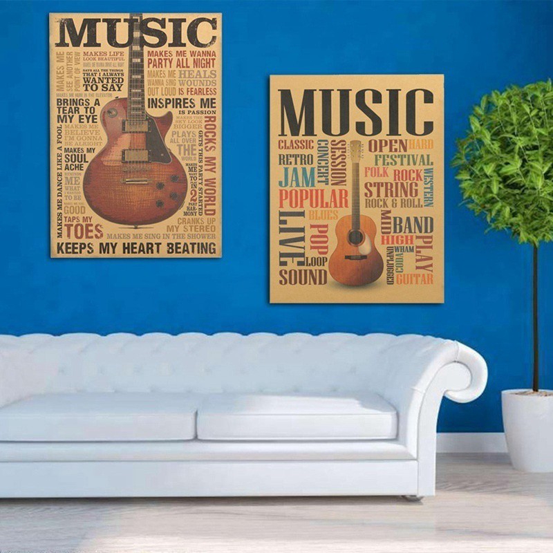 Áp Phích Dán Tường Hình Cây Đàn Guitar Chất Liệu Giấy Kraft Phong Cách Cổ Điển