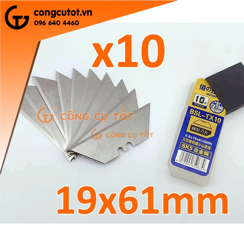 Hôp 10 lưỡi dao trổ hình thang 61x19mm thép SK5 dày 0.6ly