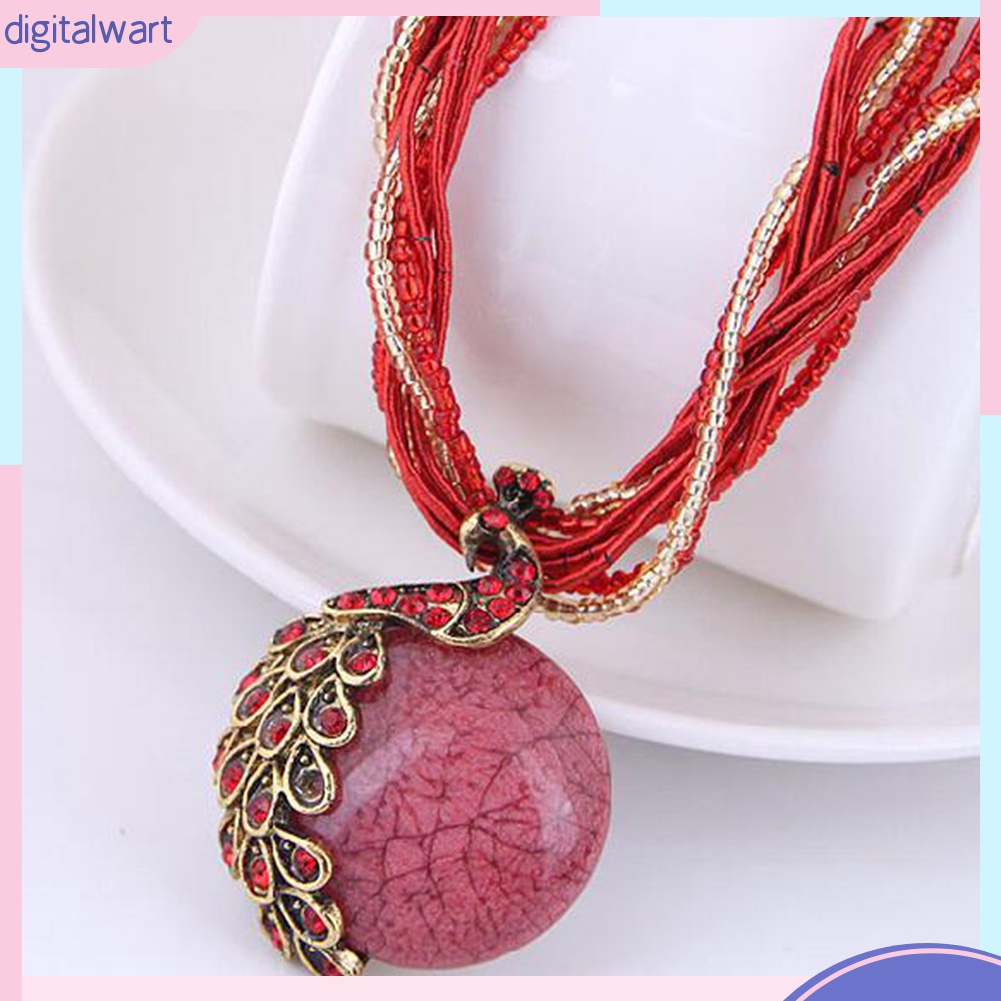 Vòng cổ Mặt Tròn Hình Chim Công Đính Đá Opal Nhân Tạo Phong Cách Bohemian