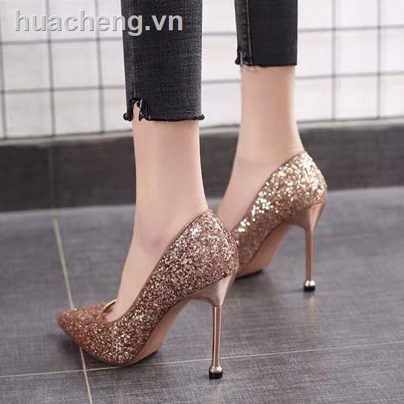 giày cao gót  giày đen♞﹉❃Wedding shoe female 2019 new pointed high heel with slipper bridesmaid bride silver sequin