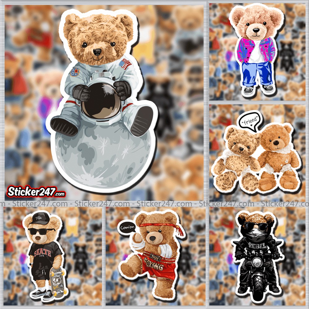 Sticker Teddy Bear Gấu Cute 𝑭𝒓𝒆𝒆𝒔𝒉𝒊𝒑 Sticker Dán Mũ Bảo Hiểm, Dán Vali, Đàn Guitar - Hình Dán Chống Thấm Nước