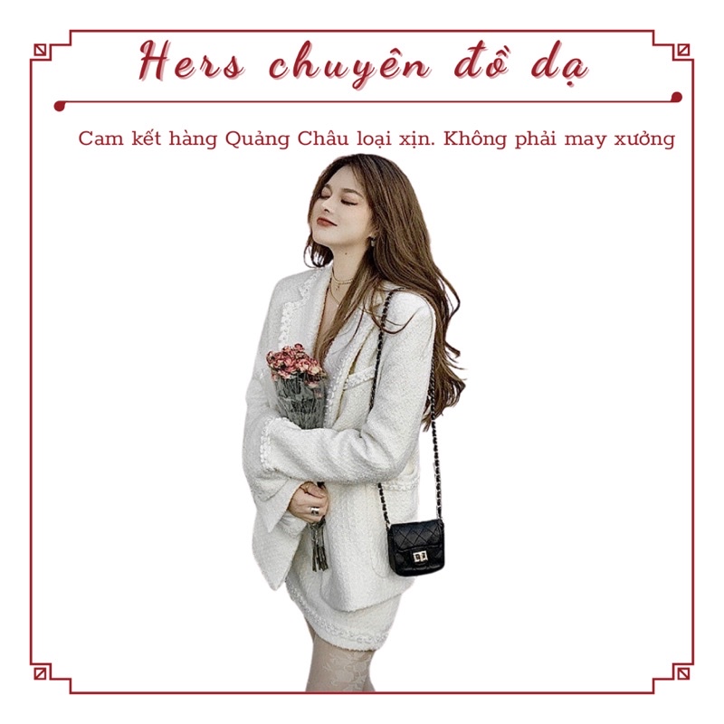 Set dạ tweed áo blazer 4 nút ngọc phối chân váy ngắn lưng cao, có video