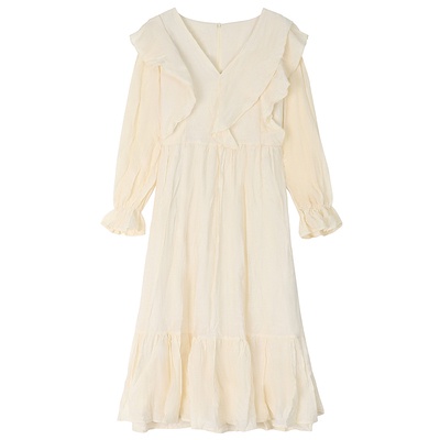 Đầm midi tay dài cổ chữ V viền bèo phong cách Pháp thời trang dành cho nữ