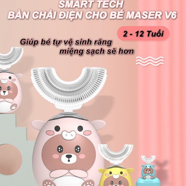 Bàn chải điện trẻ em V6 hình chữ U - mẫu máy bàn chải đánh răng điện cho bé cực tốt được nha sĩ khuyên dùng - Tặng kem