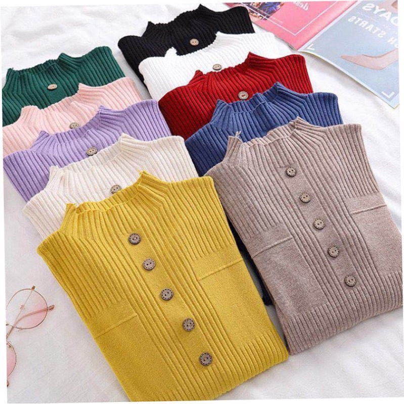 Áo len cổ 3 phân túi 2 bên đính cúc ngực