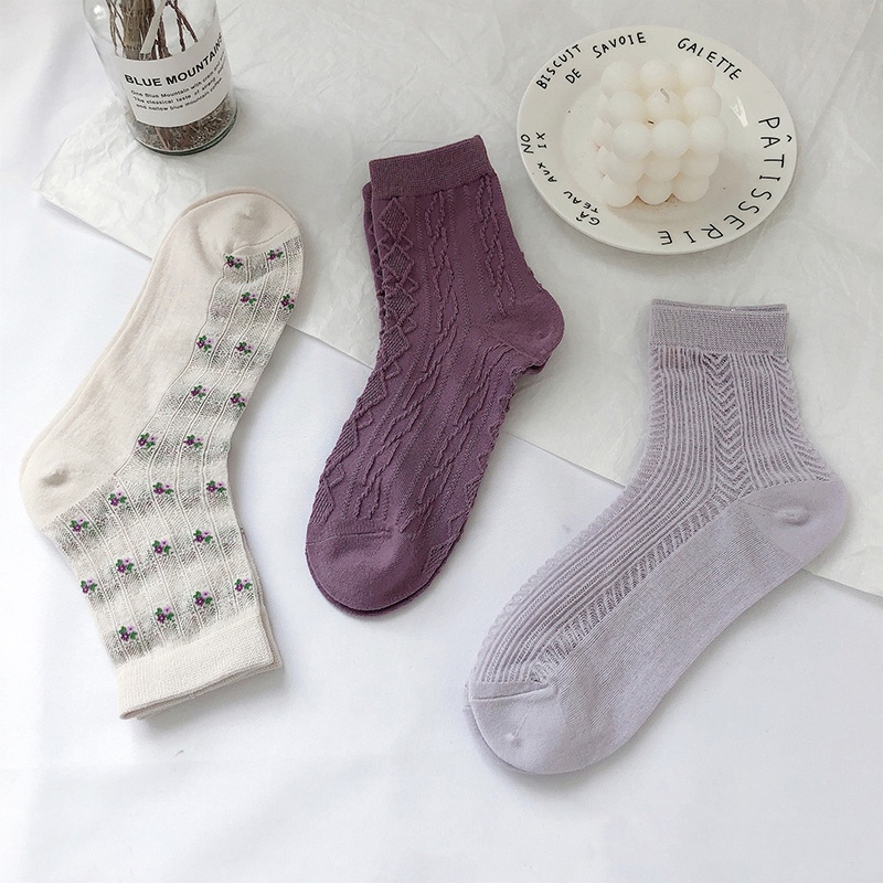 Vớ ngắn cotton họa tiết hoa kẻ sọc màu tím khoai môn dễ thương lãng mạn ấm áp thời trang thu đông