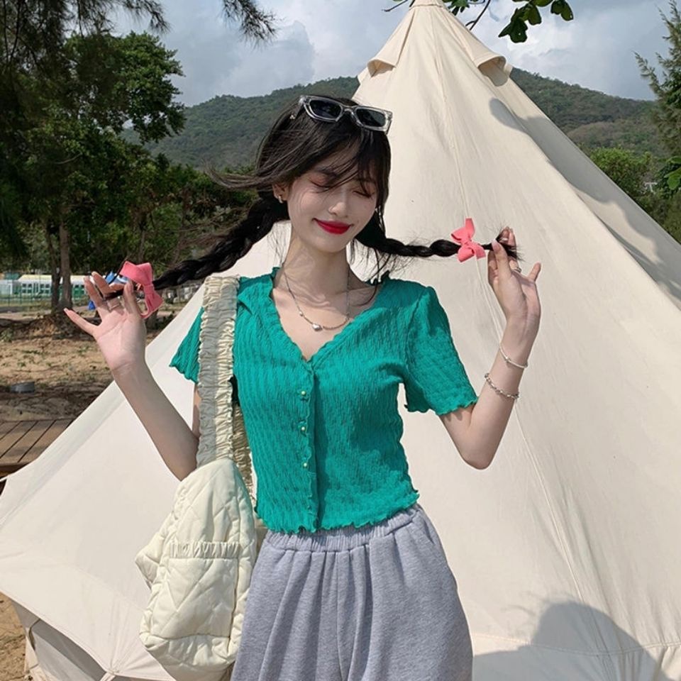 Áo Thun Tay Ngắn Phối Bèo Thời Trang Mùa Hè Dành Cho Nữ