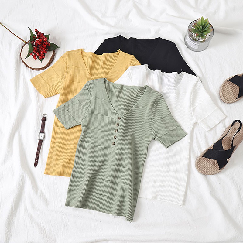 [Baywellfashion]Freeship từ 50K - Áo dệt kim tay ngắn phối nút thiết kế cổ chữ V quyến rũ | BigBuy360 - bigbuy360.vn