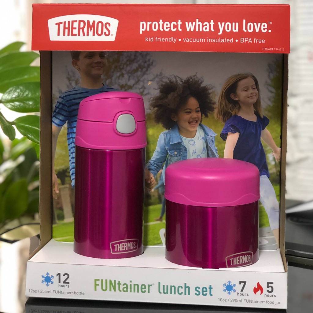 Bình Hộp Giữ Nhiệt Cho Trẻ Thermos Funtainer Lunch Pink Bình 355ml Hộp 290ml Bình Nước,Hộp Đồ Ăn Giữ Nhiệt