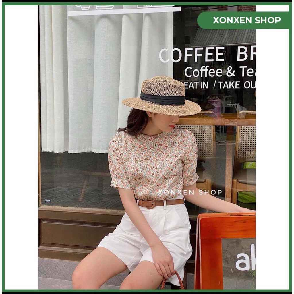 Áo kiểu hoa nhí áo kiểu cổ tròn tay phồng dễ thương XONXEN SHOP QUY NHƠN freesize mã 9052