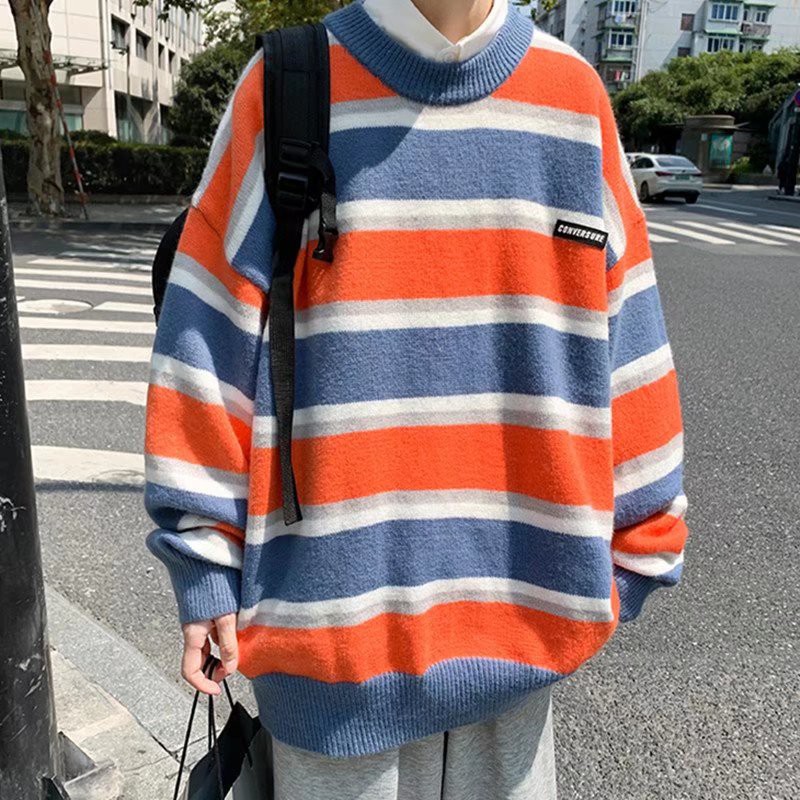 Áo sweater dệt kim kẻ sọc phong cách retro cho nam size M-2XL